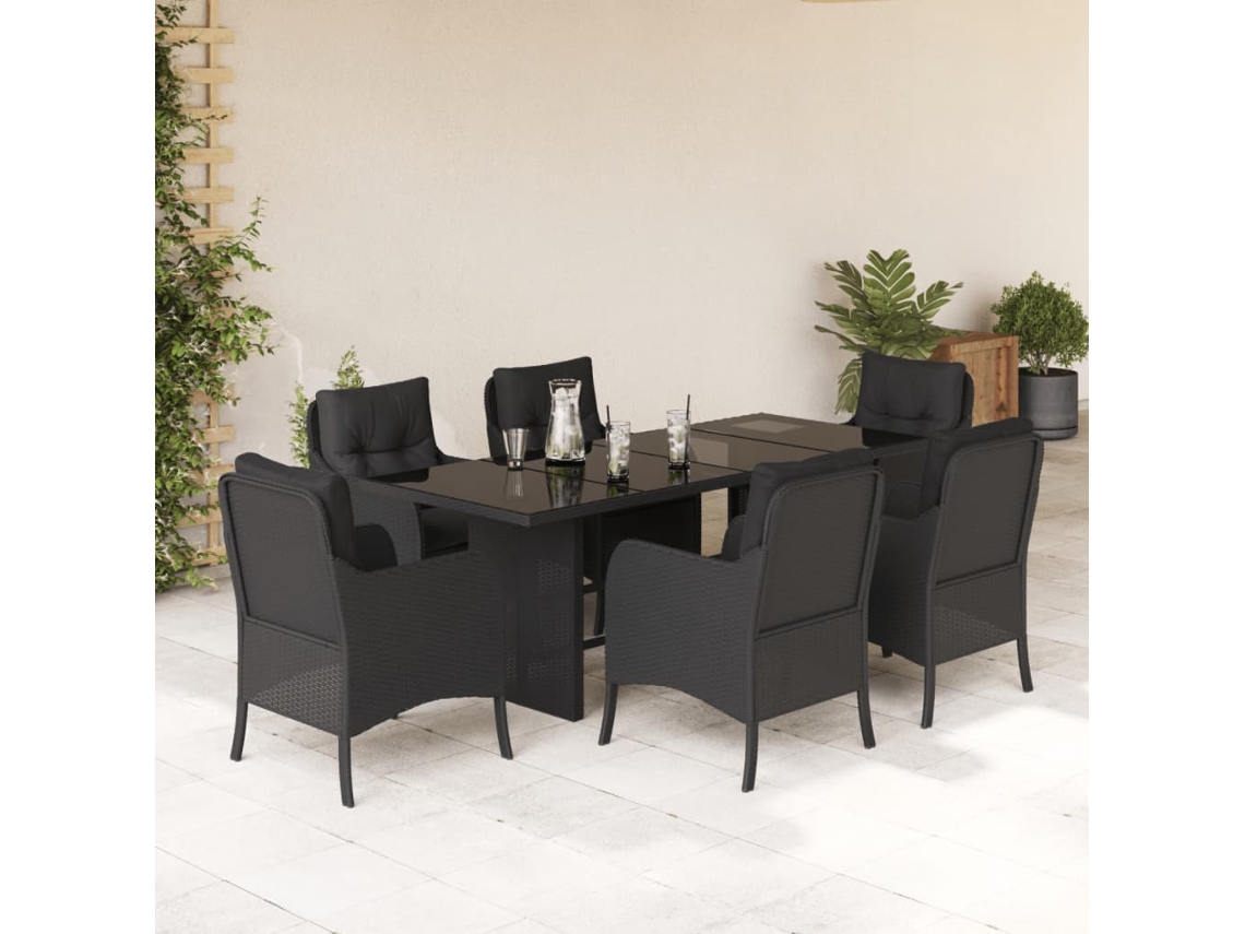 Juego de comedor de jardín de 7 piezas con cojines, mimbre sintético negro, DKD Home Decor