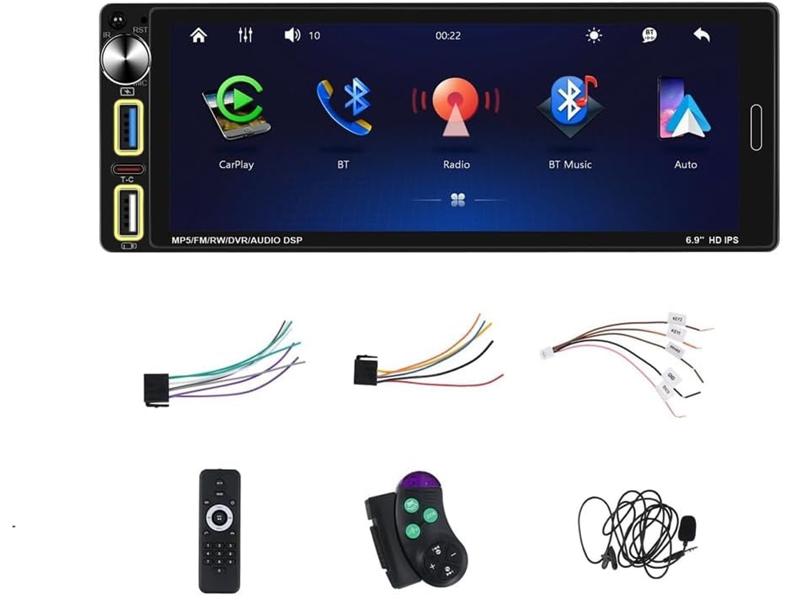 Autorradio De Un Solo Din Con Carplay Y Android Auto, Pantalla Táctil Ips De 6,9 Pulgadas, Bluetooth, Radio Fm/am.