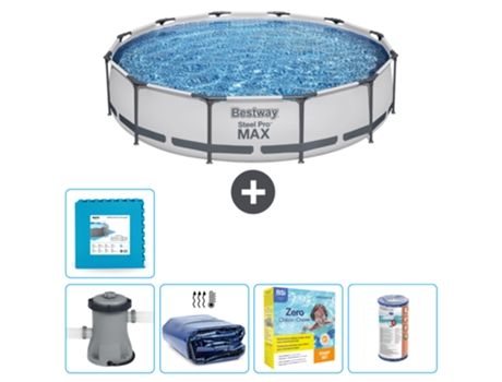 Piscina BESTWAY Round Steel Pro MAX - 366 x 76 cm - Gris - Bomba incluida Vela solar - Paquete de mantenimiento - Filtrar - Baldosas