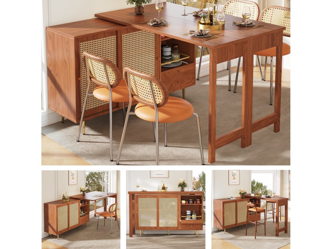 Mesa de bar giratoria extensible, ratán marrón, con almacenamiento.