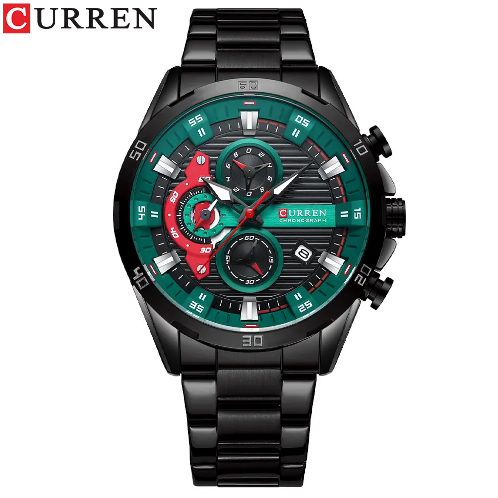 (negro Y Verde) Reloj Deportivo Para Hombre, Cronógrafo Resistente Al Agua Totalmente De Acero.