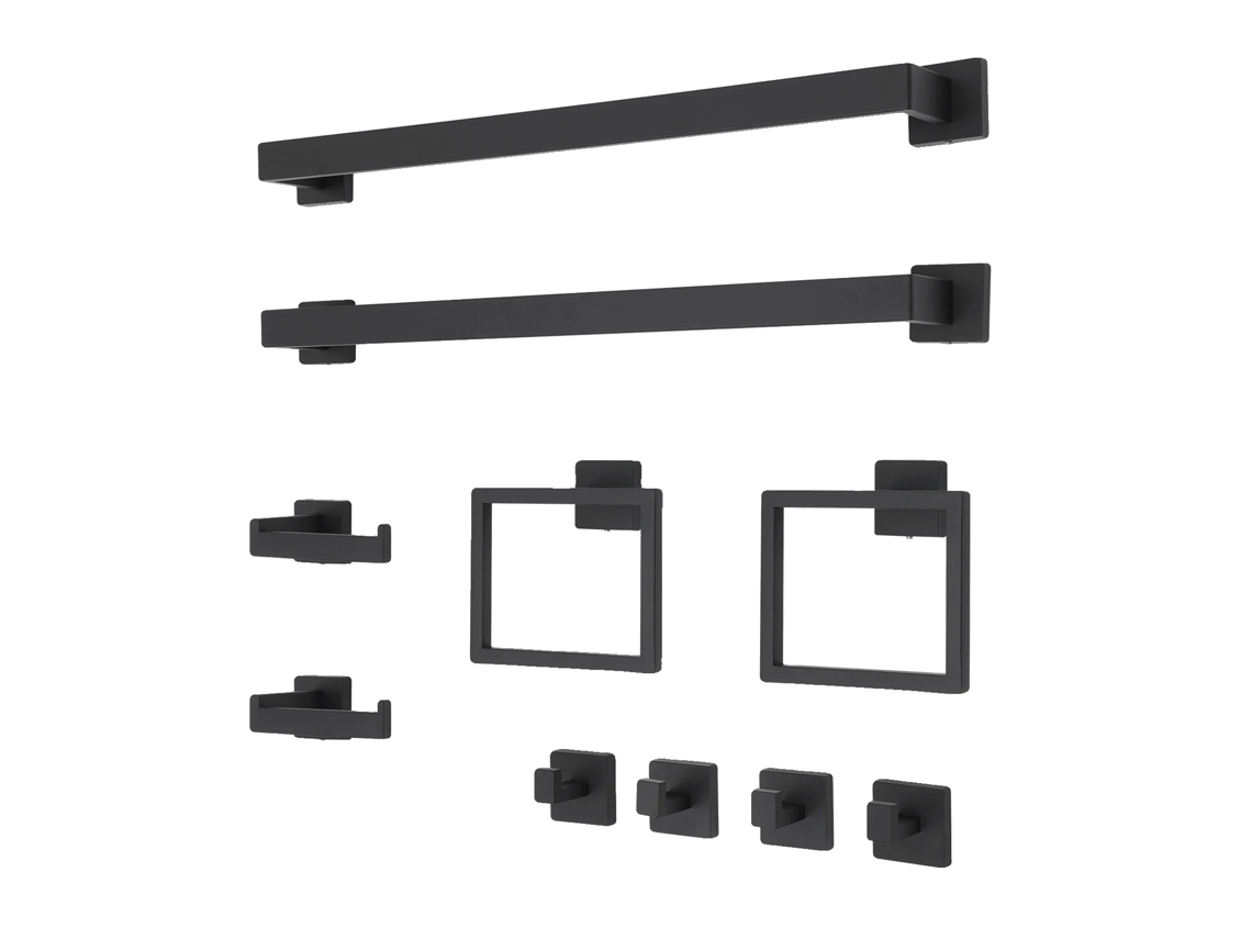 Juego de accesorios de baño, kit completo de 10 piezas, diseño moderno, negro.