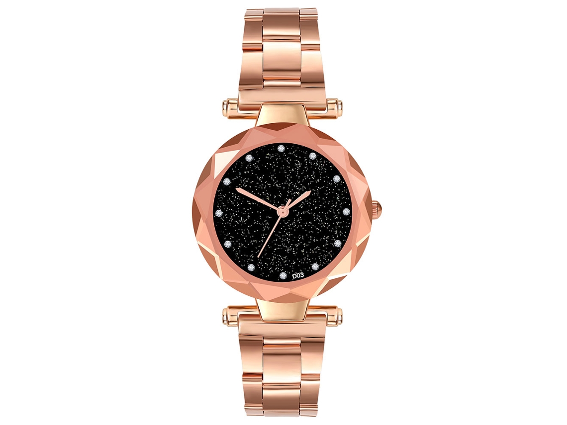 Reloj De Pulsera De Cuarzo Para Mujer Con Brazalete De Acero, Esfera Con Diseño De Cielo Estrellado Y Diamantes De Imitación Color Oro Rosa.