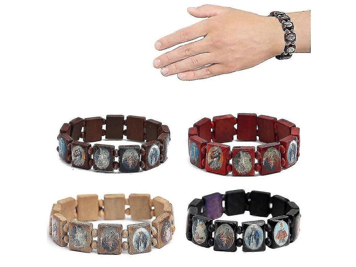 Pack 4 Pulseras Elásticas Madera Con Rosario Jesús, Santos, Oración Y Manifestación