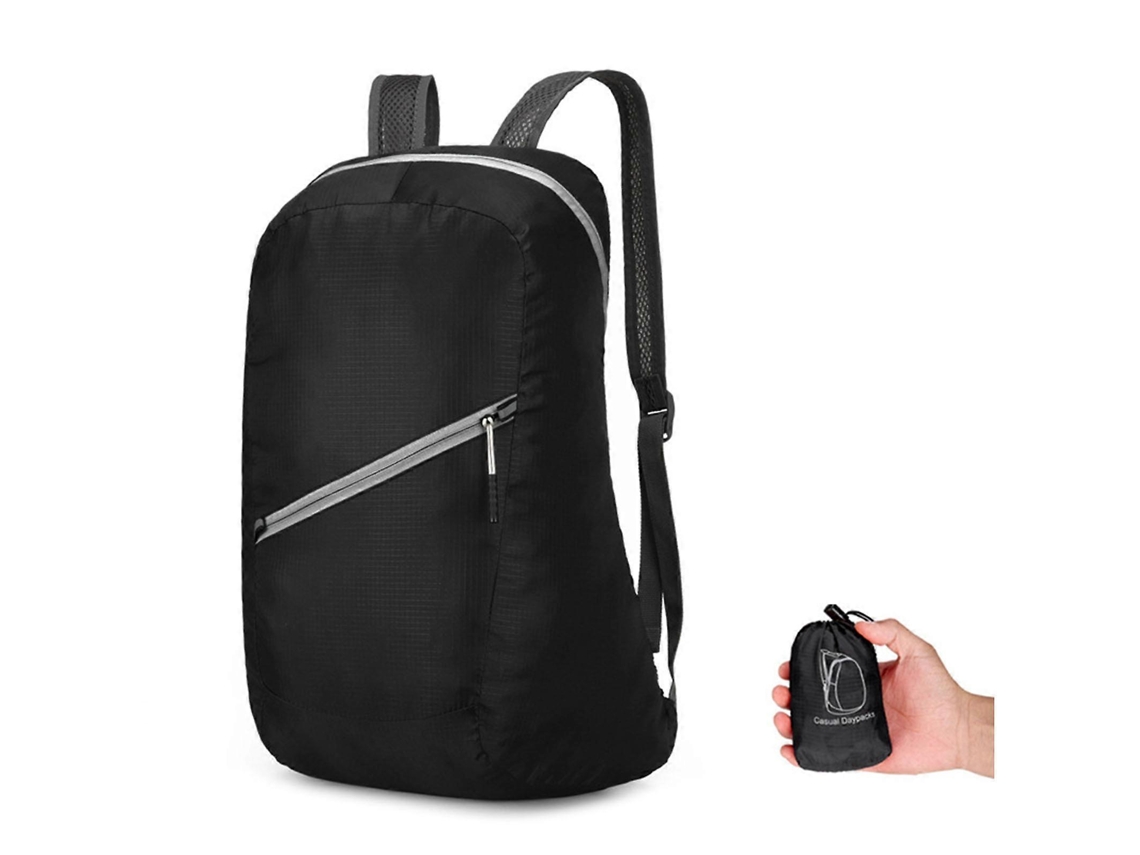 Mochila ultraligera, plegable y resistente al agua para viajes, acampada, senderismo y actividades al aire libre, de color negro.