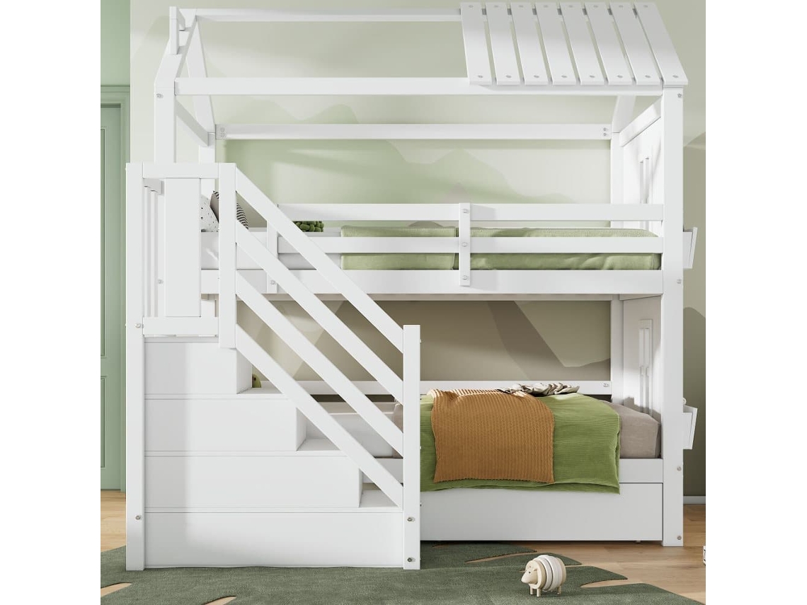 Litera Infantil 90x200cm - Con Escalera De Almacenaje + 2 Cajones + Estantes - En Madera De Pino Y Mdf - Blanco