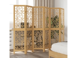 Separador de ambientes | Biombo de privacidad con 6 paneles, madera maciza de paulownia marrón.