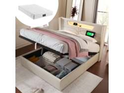Cama tapizada LED de 160 x 200 cm con carga USB, iluminación LED CE, tela de lino y base Mobrio (con colchón)