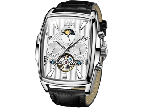 VEANXIN Mecánico Cuadrado Fase Lunar Hueco Tourbillon Semana Fecha Luminoso Reloj Impermeable para Hombre(negro)
