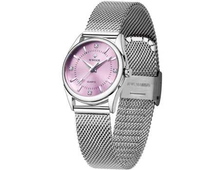 VEANXIN Relojes de pulsera impermeables con correa de malla de acero inoxidable para mujer-Malla rosa