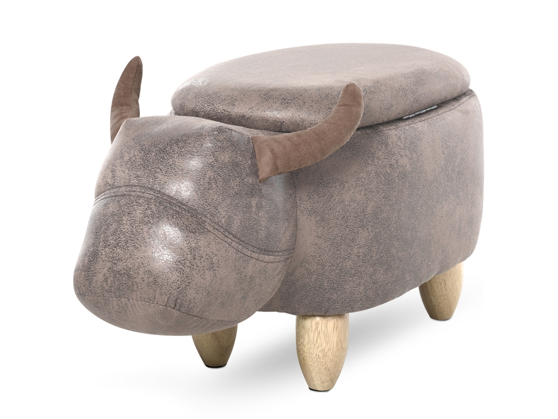 Puf Baú Em Formato De Búfalo, Puf Moderno Para Sala De Estar, Apoio Para Os Pés, Estrutura De Madeira, Assento Acolchoado, 62x35x36cm, Marrom