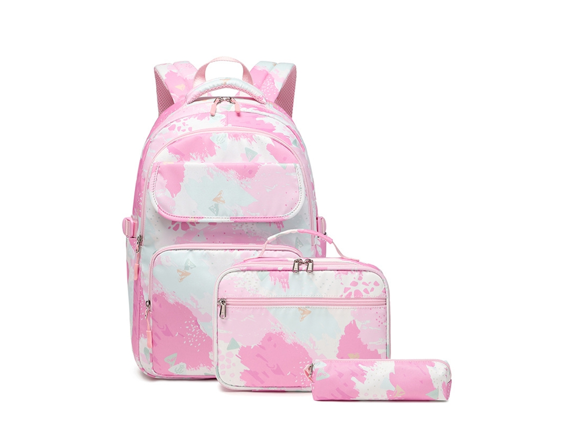 Mochila escolar impermeable de tres piezas, gran capacidad, rosa