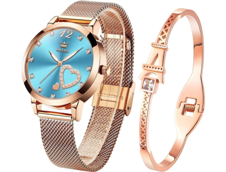 VEANXIN Conjunto de Reloj para Mujer, Simple, Cuarzo de Oro Rosa, Resistente al Agua(azul)