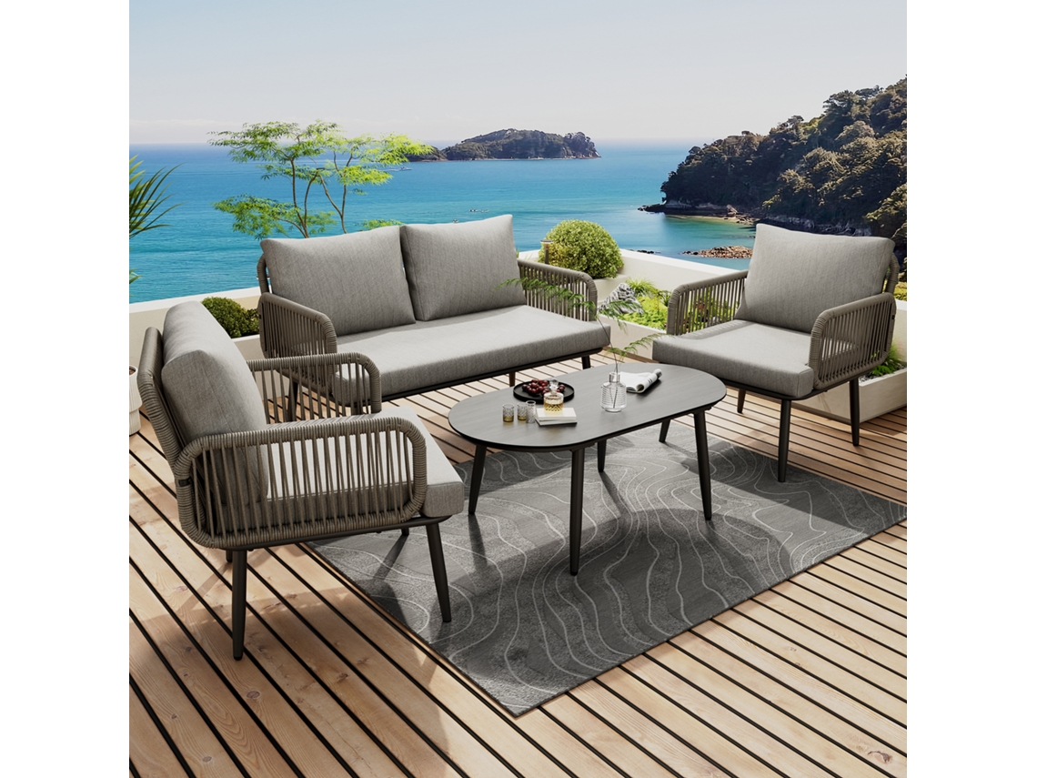 Set Lounge Jardín 4 Plazas, Sofá 2 Plazas + 2 Sillones + Mesa, Cuerda Tejida A Mano, Mesa Cristal Estilo Madera, Estructura Hierro, Gris