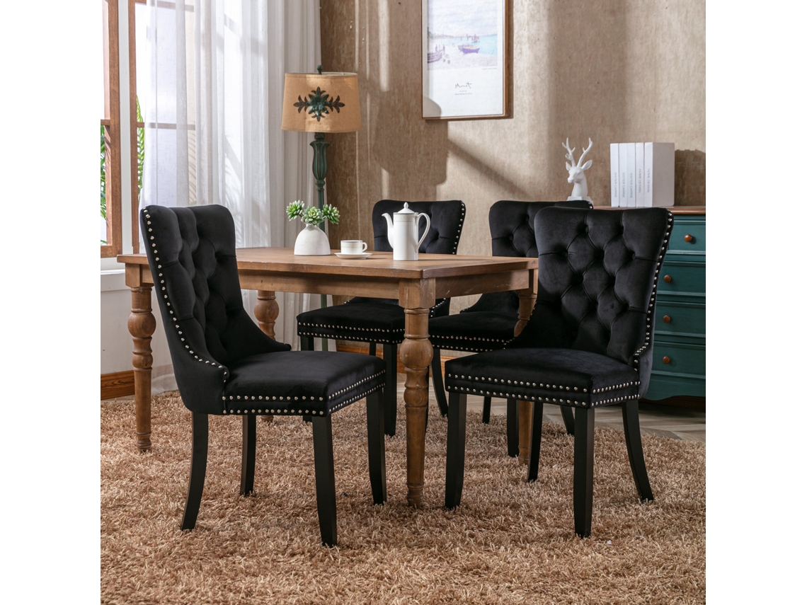 Juego de sillas de comedor modernas de 2 piezas, tapizadas en terciopelo con respaldo capitoné y patas de madera negras - Mobrio