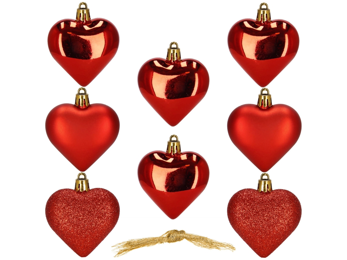 Bolas de Navidad de 7 cm, decoración navideña, paquete de 8 unidades. Corazones irrompibles, rojo.