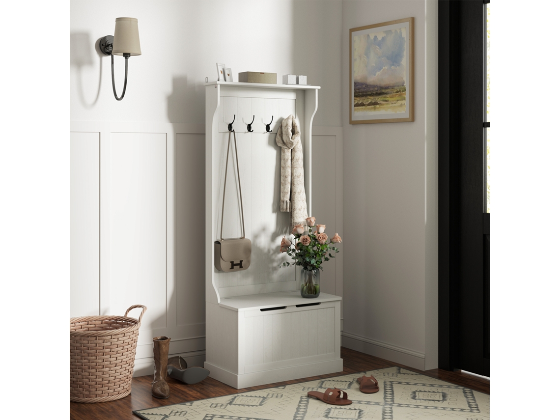 Cabideiro com banco para sapatos PMM CAPITALI, 4 ganchos, moderno, 71,5x39,5x170 cm, branco | PMM CAPITALI