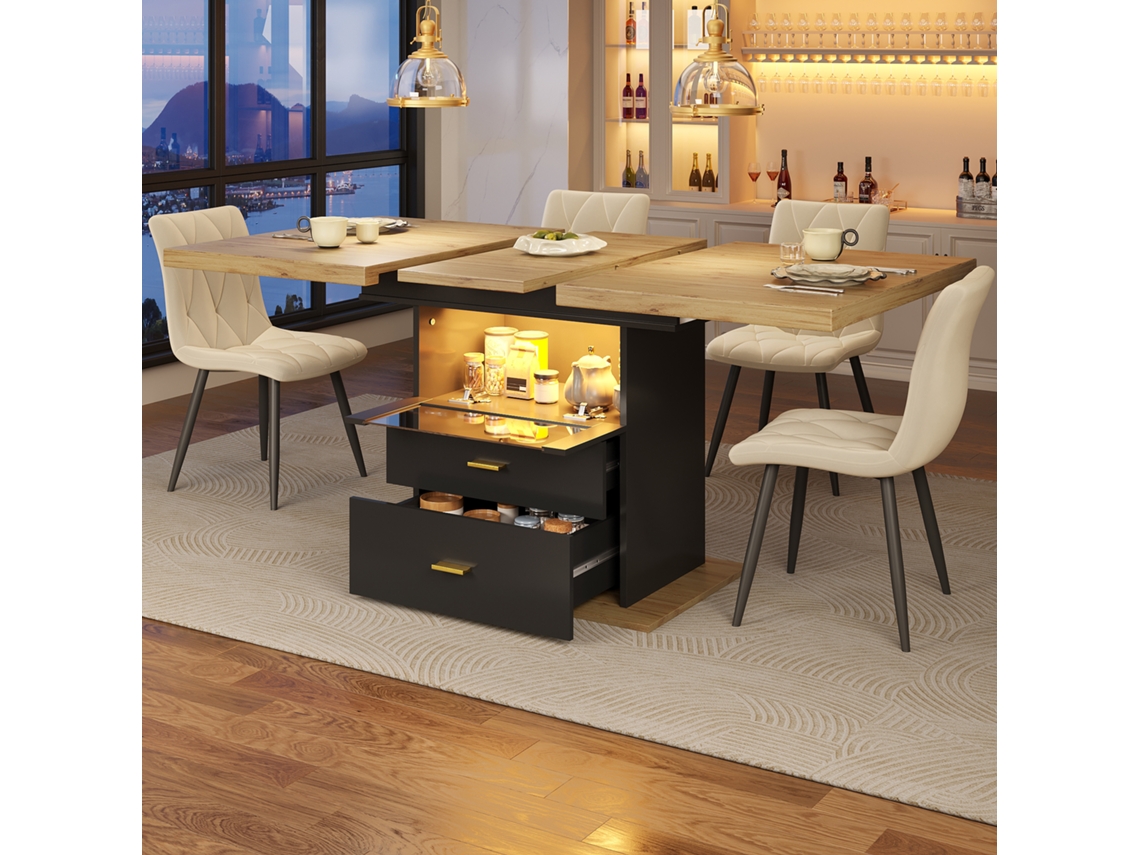 Mesa Extensible 110x80x75 Cm - Con Led, Madera, Extensible Hasta 140 Cm, Para 6 Personas