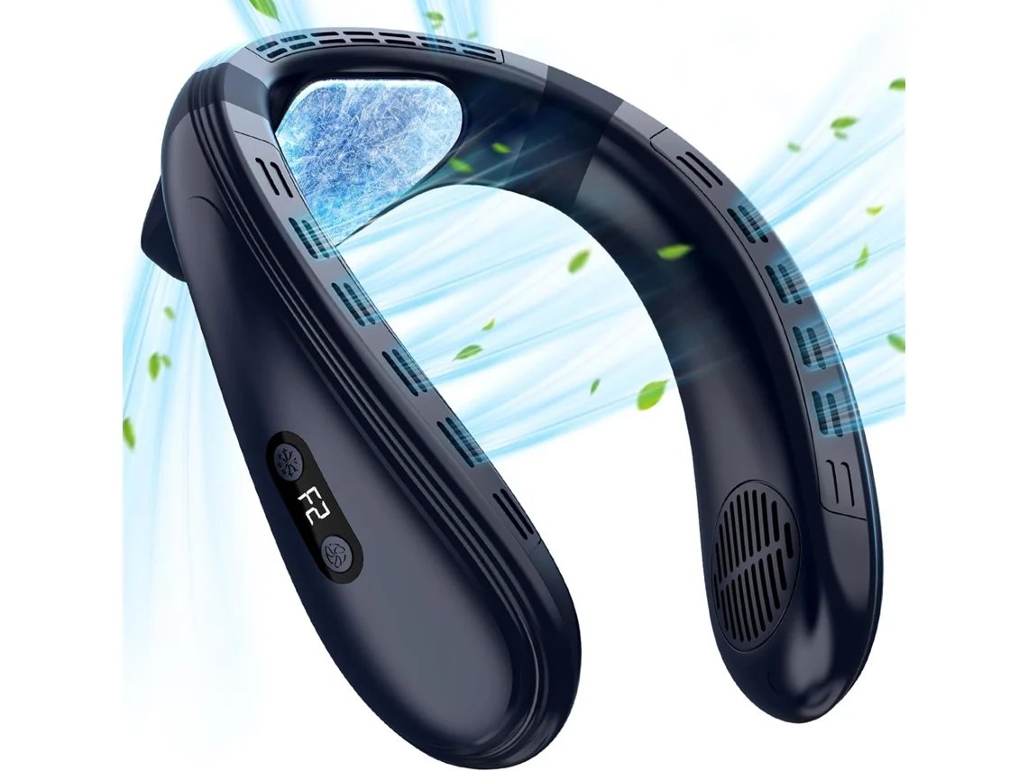 Ventilador de cuello portátil, aire acondicionado, 5200 mAh, tipo C, recargable, flujo de aire de 360°, pantalla LED, portátil, 3 velocidades, color negro, CHRONUS