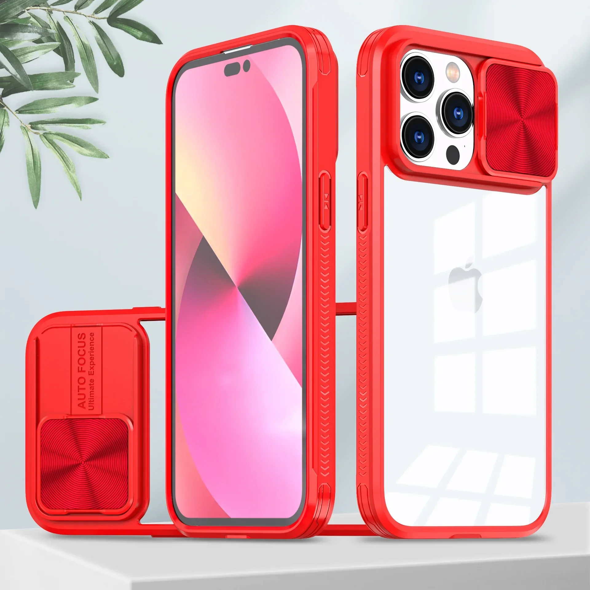 (iphone 14 Plus, Rojo) Funda Protectora Transparente Deslizante Para La Cámara Del Iphone Con Marco Rígido.