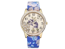 Reloj De Cuarzo Para Mujer Con Correa De Piel Sintética, Estampado Floral Y Diamantes De Imitación Azul Oscuro.