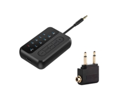 Adaptador transmisor inalámbrico Bluetooth 5.4 con entrada de audio auxiliar de 3,5 mm, ideal para vuelos.