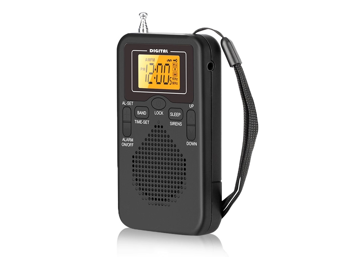 Radio portátil FM/AM, equipada con 2 pilas, altavoz estéreo, auriculares y reloj despertador digital LCD.