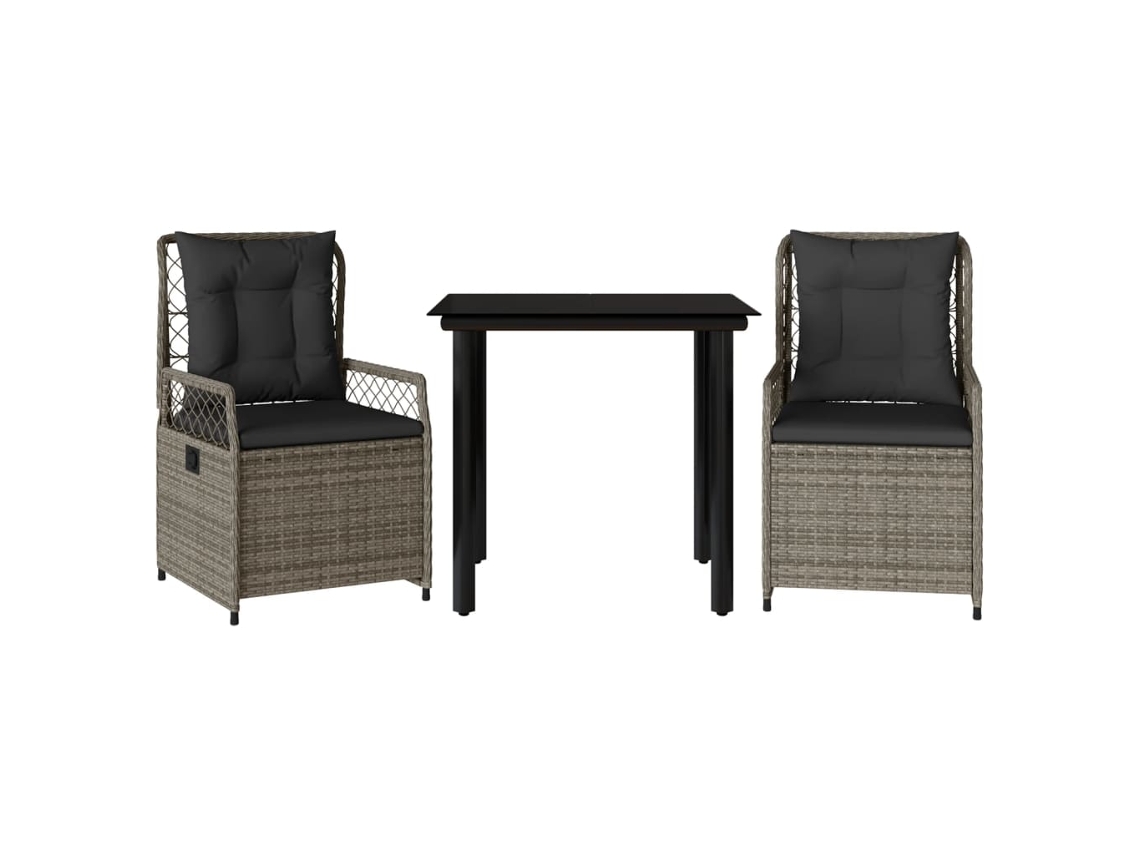 Conjunto de comedor de jardín de 3 piezas con cojines de mimbre, gris, EXCLUSIVO DE LA CASA (3 piezas)