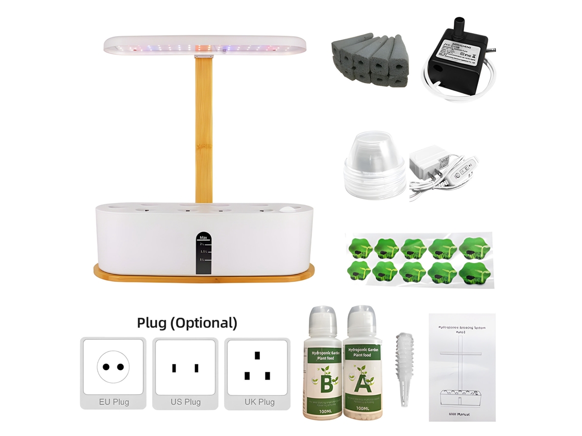 Sistema hidropónico con 10 contenedores y 72 luces LED para plantas