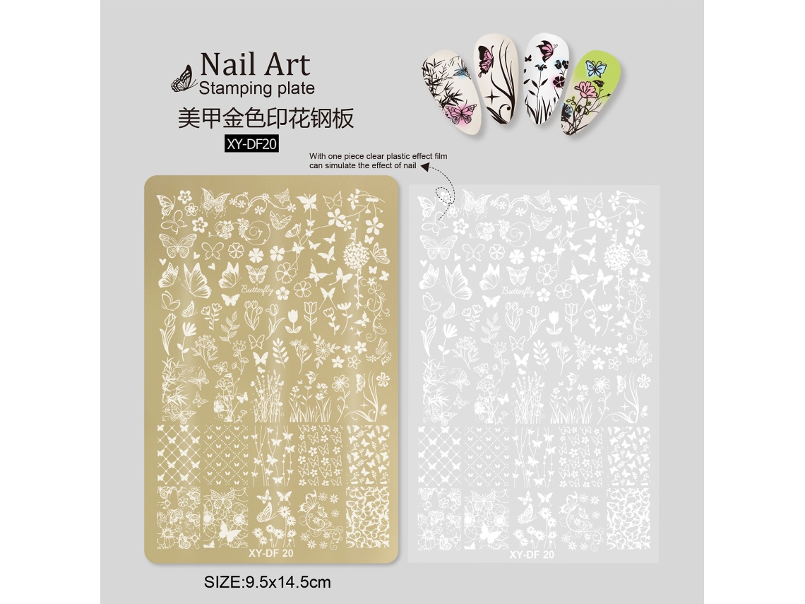 Diseño de uñas con motivos de bambú, flores, piel de serpiente y detalles dorados. Herramienta de transferencia de uñas. Placa de acero XY DF 20 Yunzii