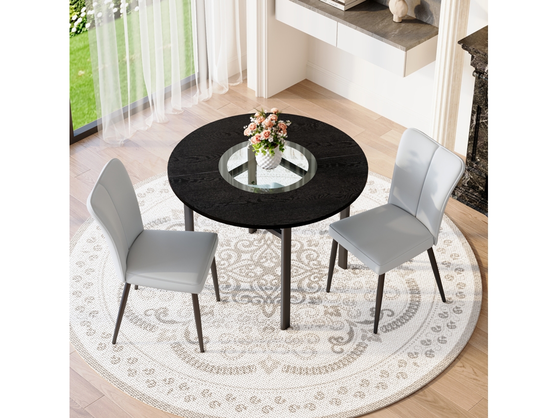 Mesa Redonda 100cm 2 Sillas Pu Gris Claro Patas Metal