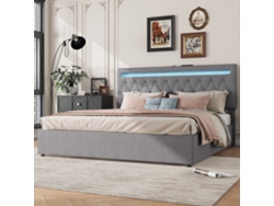 Cama Con Espacio De Almacenamiento De 180x200 Cm Con Iluminación Led Hidráulica Multicolor, Cama Elevable Con Puerto Usb, Color Gris.