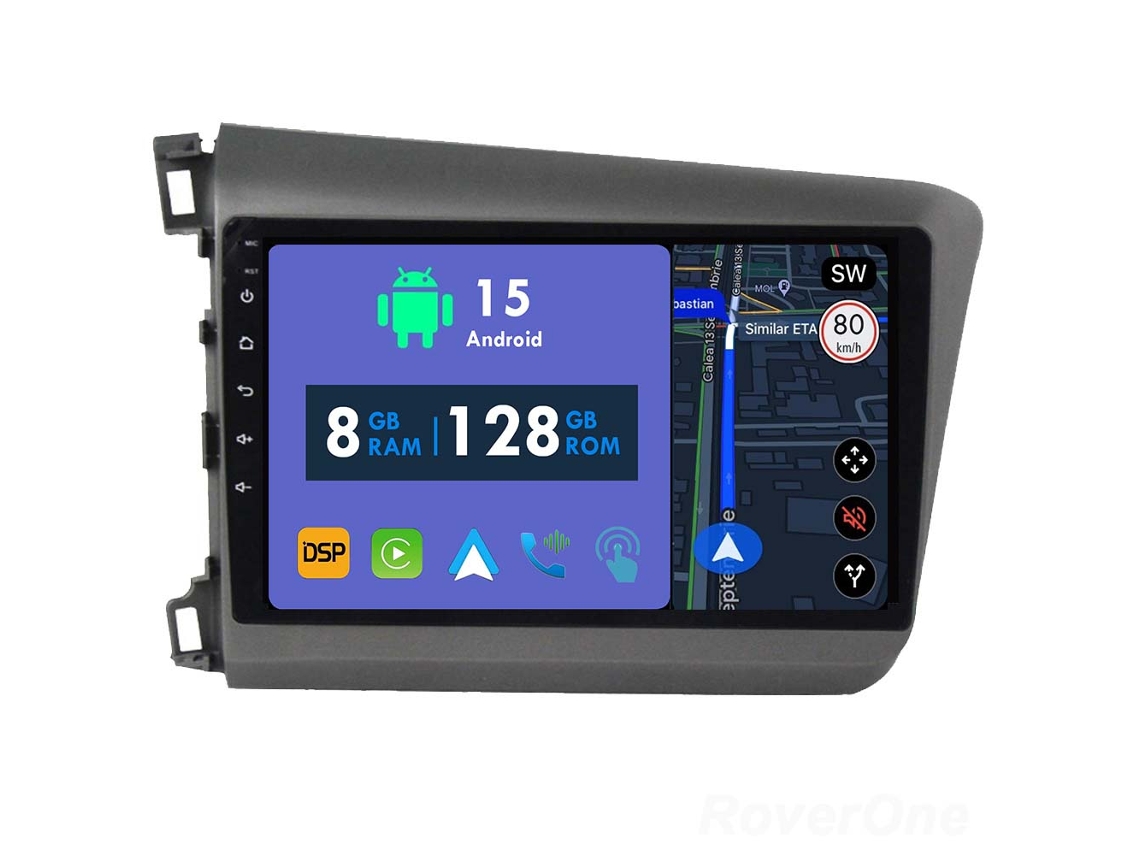 Coche Radio Android Auto Autoradio 8GB RAM 128G ROM CarPlay Navegación GPS Pantalla Táctil RoverOne para Honda Civic 9 FB FK FD 2011 - 2015 