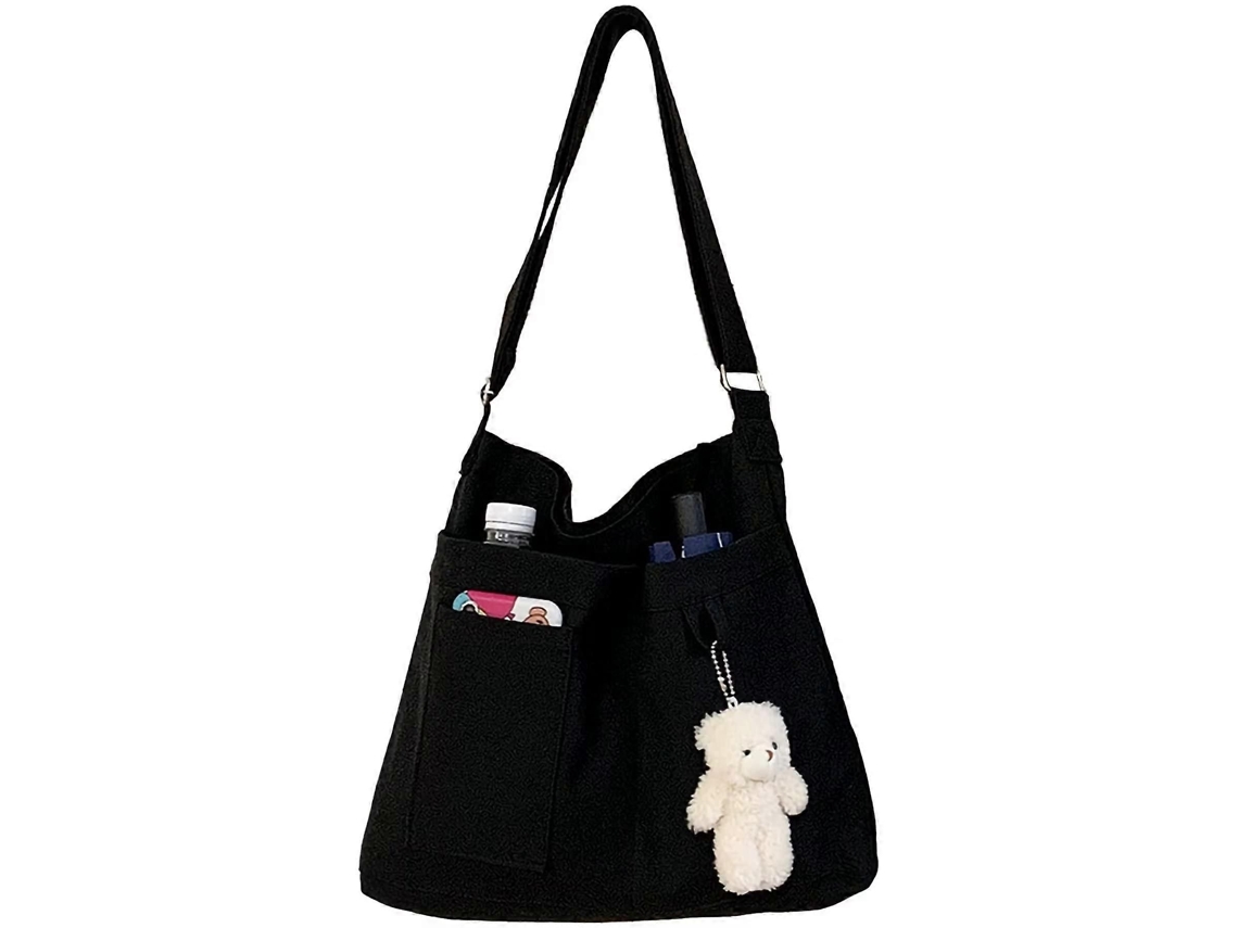 Bolso bandolera de lona con cremallera, reutilizable, lavable, cruzado, bolso de playa, plegable, bolso de compras, ecológico, estilo hobo, negro. GOKOCO