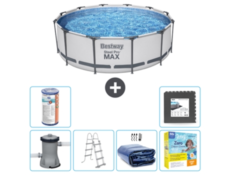 Piscina BESTWAY Round Steel Pro MAX - 366 x 100 cm - Gris - Incluida bomba - Escalera Vela solar - Paquete de mantenimiento - Filtrar - Baldosas
