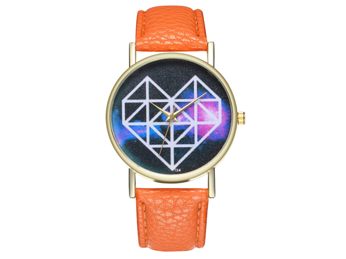 Reloj De Pareja De Cuero Pu Casual Con Dial Corazón Y Líneas Geométricas Naranja