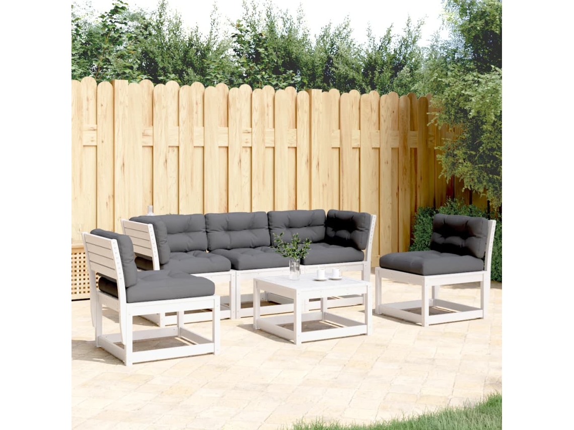 Conjunto de sofá de jardín de 5 piezas con cojines, pino macizo, blanco, DKD Home Decor