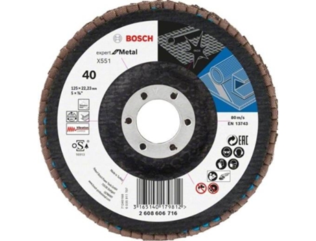 Disco de Lija BOSCH en Lamelas X551 - Expert para Metal D= 125 mm; G= 40 - Acodado