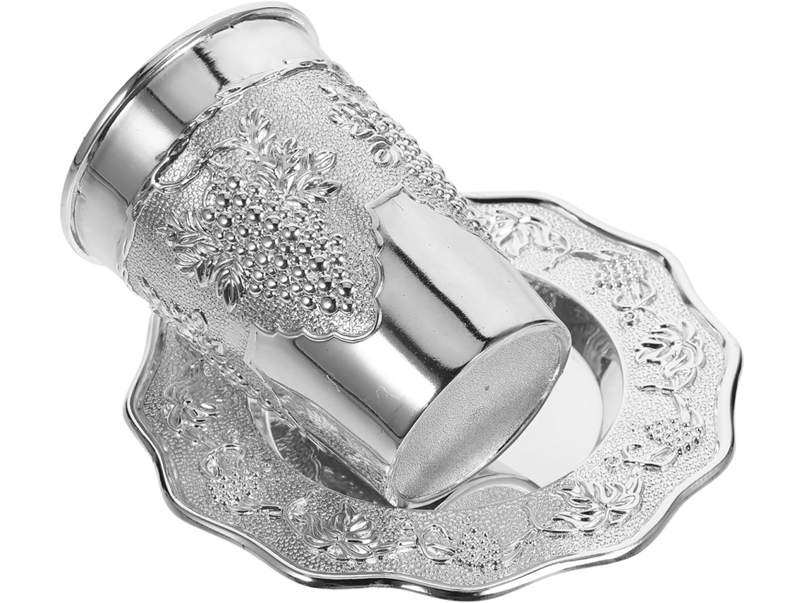 Taça De Kidush Banhada A Prata Com Pires – Tamanho Único – Metal Prateado