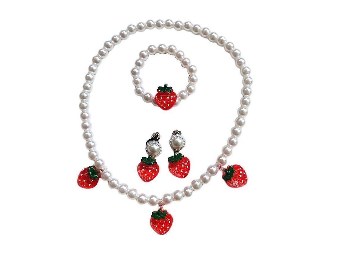 Conjunto de 3 piezas: collar, pulsera y aretes de perla en forma de fresa con detalles en turquesa. Nostalgia88