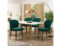Conjunto de Comedor Moderno de 140x80 cm en MDF Blanco, 4 Sillas en Terciopelo Verde Oscuro con Patas Doradas