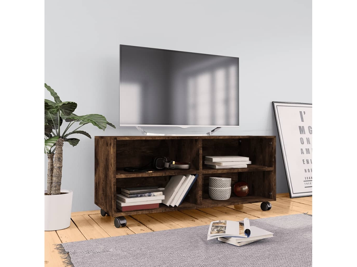Mueble Tv | Mueble De Salón | Cabinet De Tv Con Ruedas Madera Contrachapada Roble Humo 90x35x35cm Wsd569894