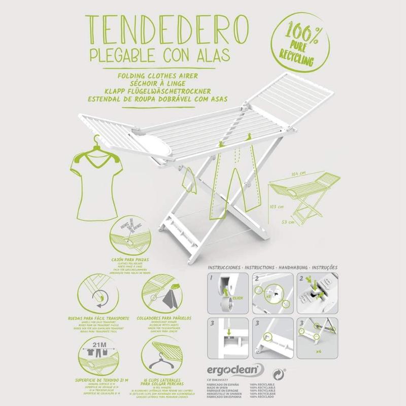 Ergo Clean Tendedero de ropa plegable con para pinzas 100 material reciclado 60 x 53 103 cm 11070
