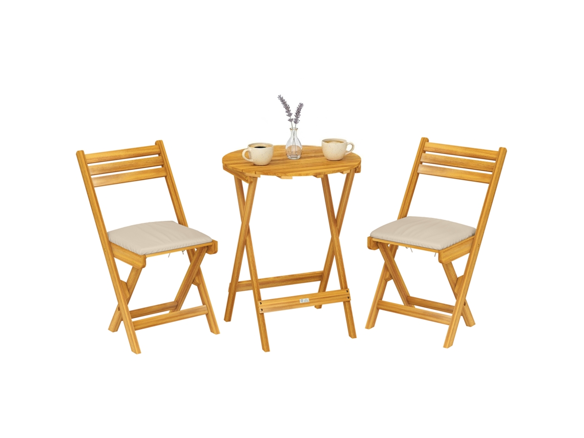 Conjunto de balcón plegable de madera con mesa y 2 sillas certificadas FSC.