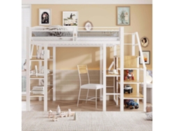 Cama Alta 140*200 Cm - Estante De Tres Niveles, Escritorio, Armario, Escalera De Seguridad Con Compartimento, Diseño De Cercado Alto - Blanco