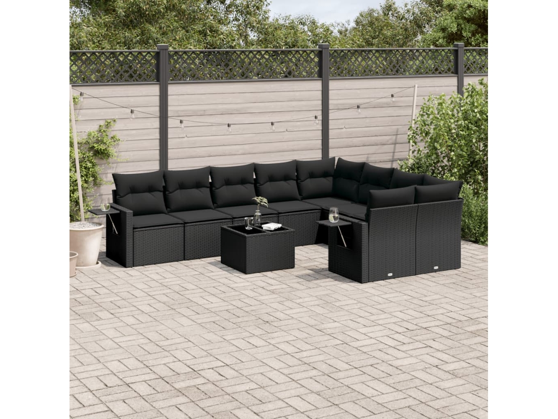 Conjunto de sofá de jardín de 10 piezas con cojines en mimbre sintético negro de DKD Home Decor