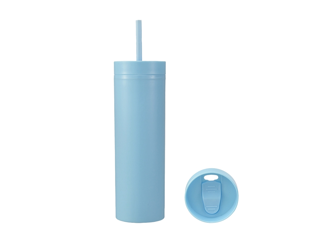 Botella De Agua Deportiva De Plástico Azul Opaco De Doble Capa De 460 Ml Con Tapa De Pajita Para Actividades Deportivas Al Aire Libre.