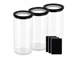 Relaxdays Tarros De Cristal, Set 3 X 1200 Ml, Tapa Hermética, Etiquetas, Para Despensa Y Cocina, Transparentes/negros