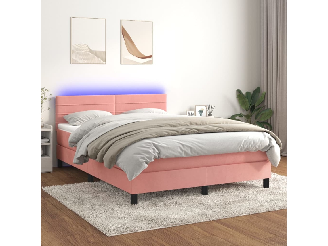 Cama Box Spring Colchón Y Led Terciopelo Rosa 140x200 Cm