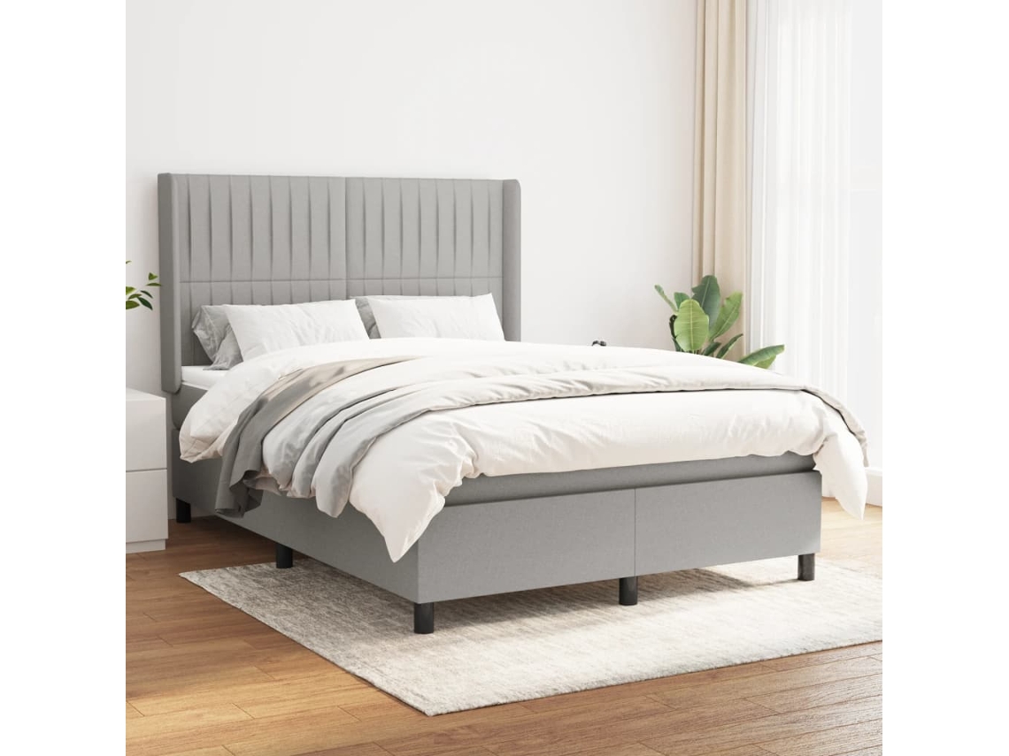 Cama Box Spring Con Colchón Tela Gris Claro 140x200 Cm